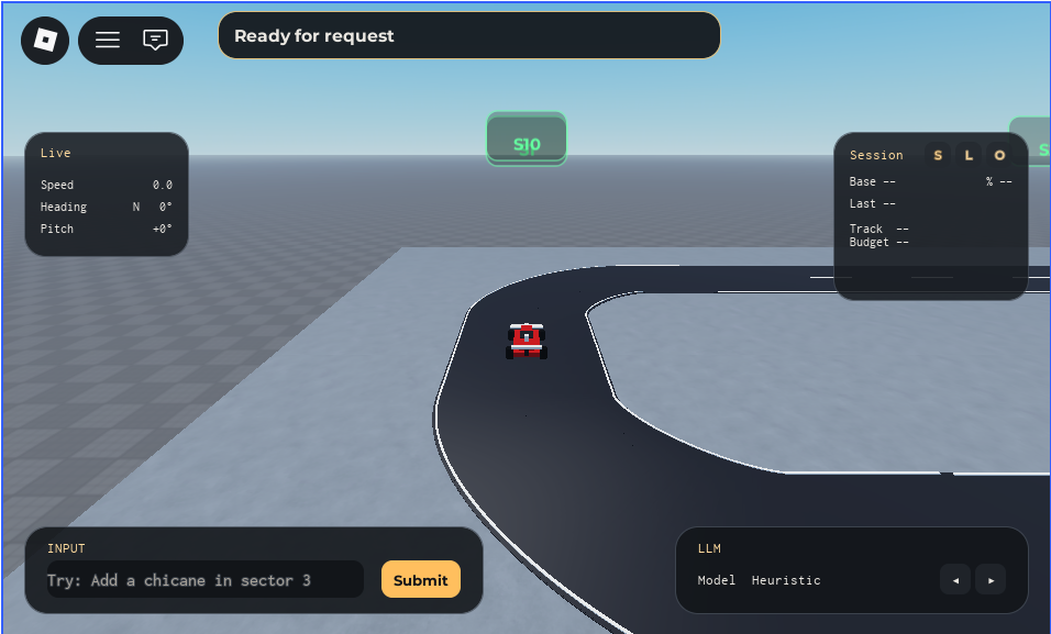 Autotrack at runtime — the verifier car mid-lap, with the prompt input and live HUD visible.