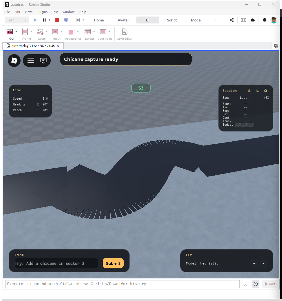 Two screenshots the agent captured of the chicane in tuning mode, mid-iteration.